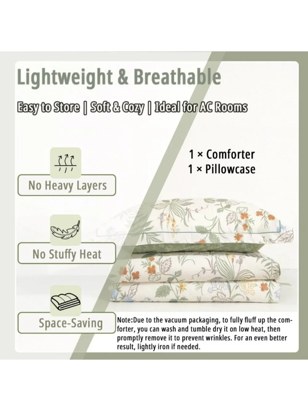 Ivory & Sage Green Floral Cotton Comforter Set - Twin Size, Cozy Bedding